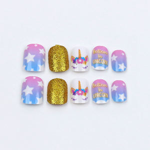 <span class=keywords><strong>Faux</strong></span> <span class=keywords><strong>ongles</strong></span> pour enfants personnalisés licorne colorée design long carré en ABS matériel à poser sur les <span class=keywords><strong>ongles</strong></span> des enfants motifs papillon Stiletto amande - Product Image 2