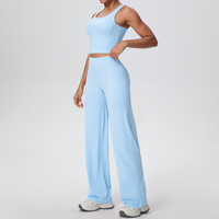 7123+7126 Nouvel ensemble de yoga double face brossé, couleur unie, respirant, en Spandex/Nylon, infroissable, coupe longue et jambe large