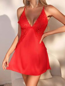 Camicia da notte in raso Sexy contrasto pizzo ricamo Babydoll abito profondo V seduzione Chemise abito donna casa camicia da notte - Product Image 4