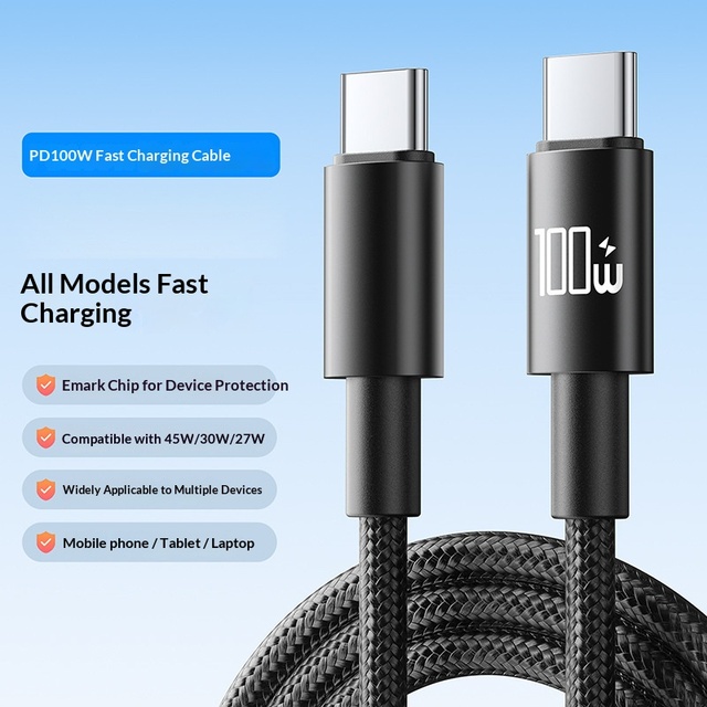 100W USB-C Braided Jacket Cable with E-Marker Chip PD Fast Charging for Laptop & Phone 5A Type-C to C