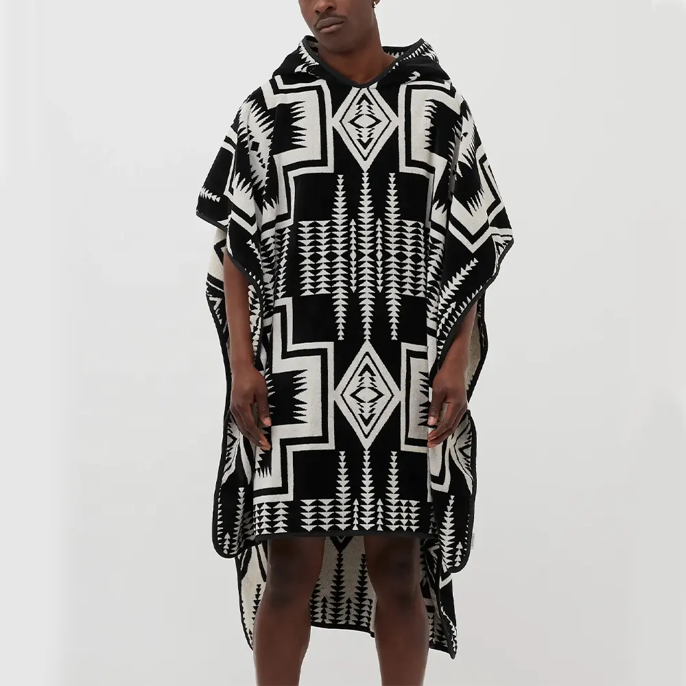 Custom Aztec Printed Adult Changing Robe Mexico Style Thick Cotton Hooded Ponchos Beach Surf Towel Poncho
