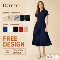 Robe Midi en Coton Mélangé à Col Chemise et Manches Courtes, Coupe Évasée Plissée, Style Preppy pour Femme, Personnalisable avec Logo OEM