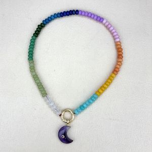 Collier bohème plaqué or 18 carats avec fermoir à ressort rond, perles en pierre naturelle et cristaux colorés, pendentif lune en pierres précieuses pour femme - Product Image 4