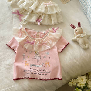 Tongxingyuan Sweet Girls' Suit 2026 Summer Pink Peter Pan <b>Collar</b> Printed T-shirt <b>Cake</b> Skirt Set For Kids - Product Image 3
