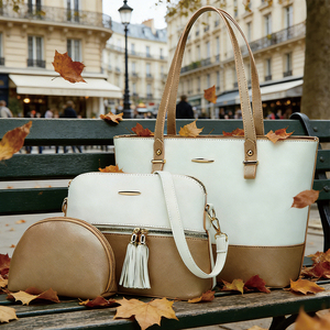 Ensemble de 3 sacs pour femme en <span class=keywords><strong>cuir</strong></span> PU <span class=keywords><strong>beige</strong></span> et blanc, esthétique neutre et douce, comprenant un sac fourre-tout, une bandoulière et une pochette avec accent pompon - Product Image 5