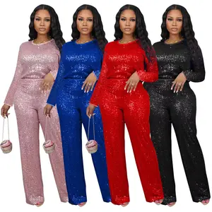 Automne 2024 mode Sequin femmes ensembles à manches longues T-Shirt et jambe large pantalon habillé costume dames fête deux 2 pièces tenues formelles