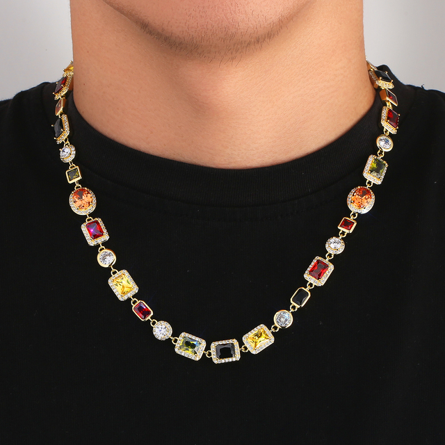 10mm Colorful Gem Chain Men Women Vintage ZIRCON 18K Gold Plated Hip Hop Choker Jewelry Multi Color Gemstone Bracelet Necklace