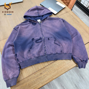 ผู้ผลิตเสื้อผ้าสตรีทแวร์ ฮู้ดดี้โลโก้สั่งทำพิเศษ 450 500 GSM ผ้าฝ้าย 100% เฟรนช์เทอร์รี่ ฮู้ดดี้ซิปแบบขาดๆ รุ่ยๆ - Product Image 3