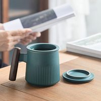 Tasse à thé en céramique avec infuseur et couvercle Tasse à café avec passoire et poignée en bois 13.5 OZ