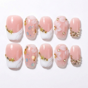 Uñas Postizas Hechas a Mano, Cortas, Medianas, Cuadradas, Uñas Stiletto Adhesivas con Punta Francesa y Diseños de Flores en 3D - Product Image 2