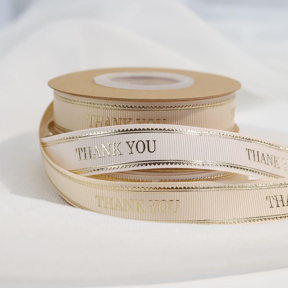 Customized Shiny Embossed Gold logo 25mm Thank You on Grosgrain Ribbon Printing Gift Ribbon with Brand Name