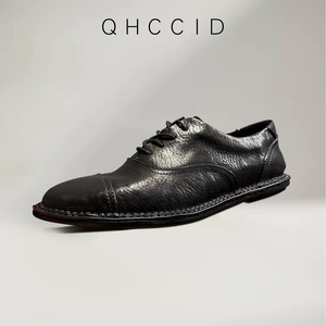 Qhccid Men's <b>Black</b> Leather Derby Shoes <b>Low</b> <b>Heel</b> Business Casual Lace Up Office Wear Spring Style - Product Image 3