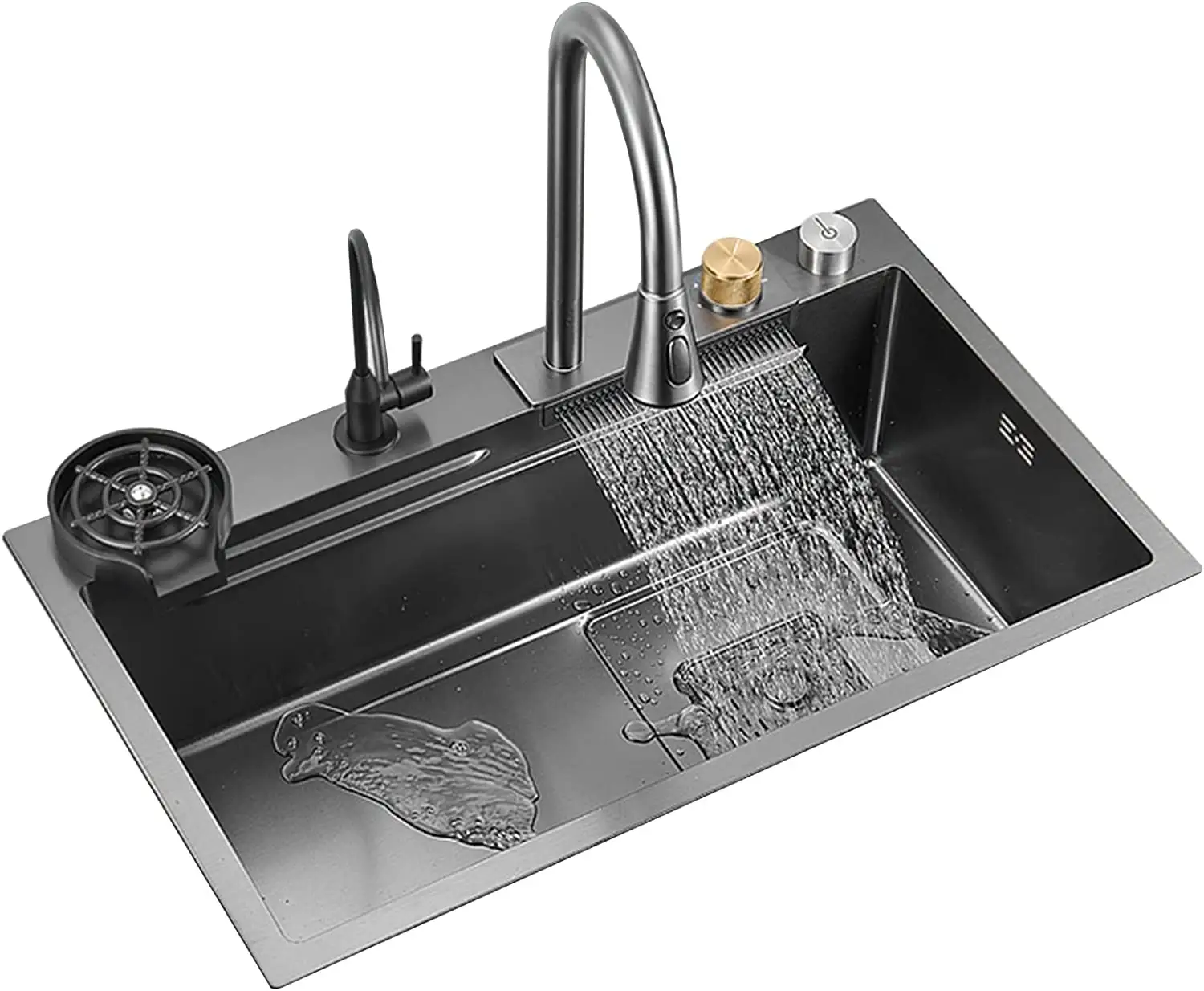 32 Inch Black Faucet Stainless Steel Sink Waterfall Spout Large Single Bowl Kitchen Sink With Auto Drainage