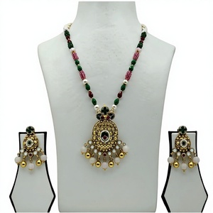 Elegant 925 Silver <b>Beaded</b> Long Necklace <b>Set</b> with Green Pink Pearls Traditional Pendant and Matching Earrings - Product Image 1