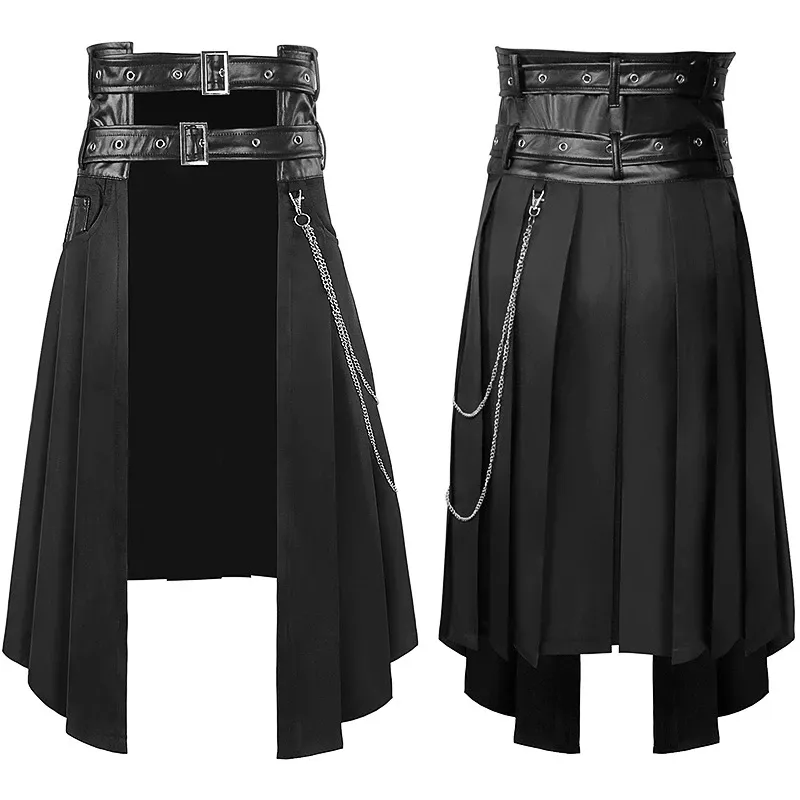 Плиссированная юбка в стиле панк, мужской Готический кожаный ремень с открытой передней частью, стильная одежда в средневековом стиле с римскими воинами и металлическими вставками, стиль Харадзюку