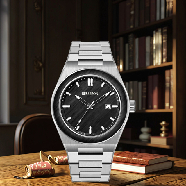 Customizable Luxury Quartz Watches Men Business & Fashion Style Stainless Steel Waterproof Analog Wood Grain Dial 18mm Glass