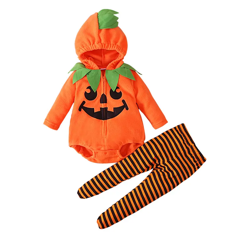 Costume di zucca per bambini da festa a manica lunga con cerniera pantaloni con cappuccio per bambini abbigliamento per bambini Set Cosplay di Halloween