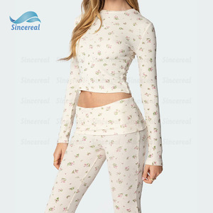 Alta calidad de moda personalizada Y2k estampado Floral mujeres lindas conjunto de dos piezas de manga larga acanalado cuello redondo flaco señoras traje Casual - Product Image 2