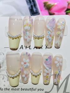 Peinture florale 3D jaune française faite à la main <span class=keywords><strong>faux</strong></span> <span class=keywords><strong>ongles</strong></span> en ABS cercueil perle papillon artificiel réutilisable pour l'application des doigts - Product Image 2