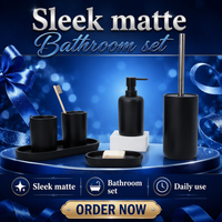 Ensemble d'accessoires de salle de bain en résine noire mate, 6 pièces, distributeur de savon cylindrique, porte-brosse de toilette, décoration nordique pour la salle de bain et la maison