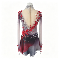 Robe de patinage artistique à manches longues, dégradé noir et rouge, maille ornée de fleurs 3D et de strass, pour enfants et adultes, pour les compétitions sur glace