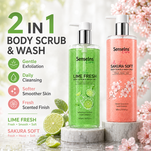 Gel Douche Exfoliant Éclaircissant et Blanchissant 2-en-1 Marque Blanche Parfum Citron Vert et Sakura Frais Doux 500ml - Product Image 1