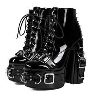 Big Size 47 Women Metal Buckles Rivets Ankle Boots Wide Fit High Chunky Heels Platform Shoes Patent Front Lace up Short <b>Booties</b> - Product Image 1
