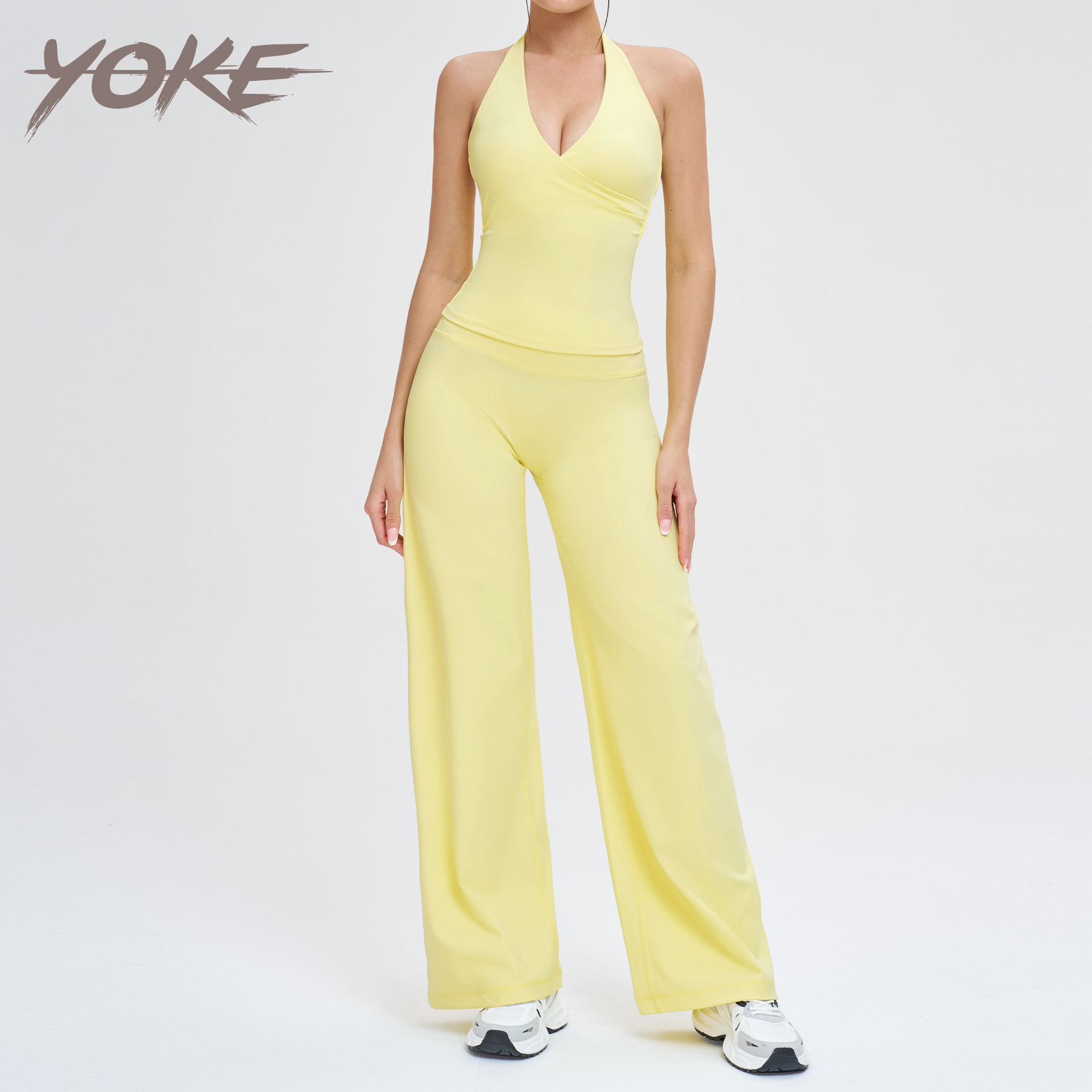 JC Women's V-neck Necktie Design Brushed Fabric Wide-leg Pants Yoga Set With Open-back Yoga Wear For Outdoor Running
