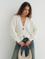 Cardigan en tricot épais pour femme, col en V, couleur blanche, en laine et viscose, style décontracté, pour usage quotidien, modèle jeune femme, en promotion
