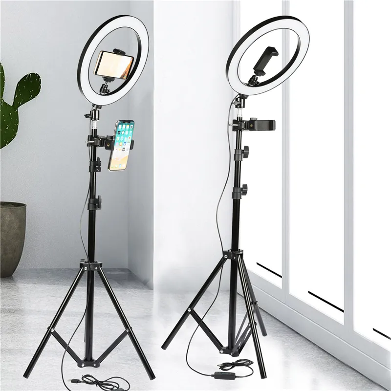 Luz de led para estúdio de vídeo e beleza, lâmpada regulável de círculo para foto, selfie, com suporte de 2m para tripé