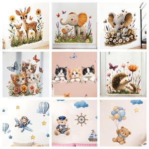 Autocollants muraux en forme d'arbre pour chambre d'enfant - Vinyle imperméable, adorables autocollants en aquarelle d'éléphant, de cerf, de chaton et d'hérisson pour la décoration de la chambre d'enfant - Product Image 1