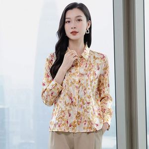 Chemise en soie imprimée à la mode pour femmes à manches longues et décontractée pour le printemps été en soie à motif solide - Product Image 5