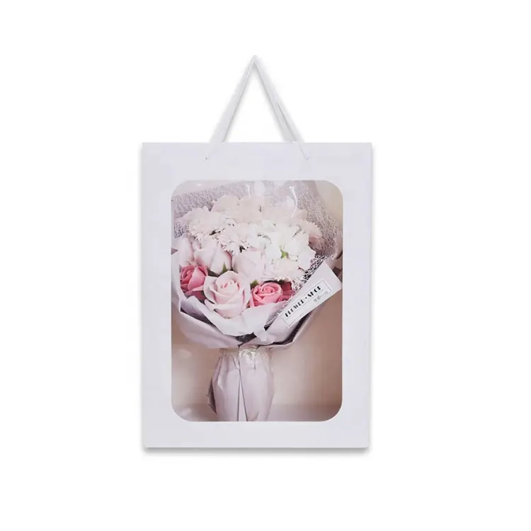 Sac en papier créatif avec fenêtre transparente, porte-fleurs, pour Bouquet, emballage cadeau, vente en gros,