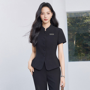 Chinese Style Stand Up Collar Short Sleeve Suit Set Women Summer Thin Professional Hotel Receptionist Work Uniform Short Skirt - Product Image 3