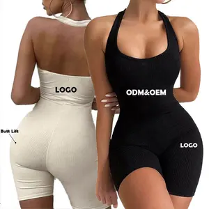 Zevendaagse Proofing Custom Logo Vrouwen Solide Halter Backless Korte Sport Actieve Kleding Gym Workout Romper Eendelig Yoga Jumpsuit