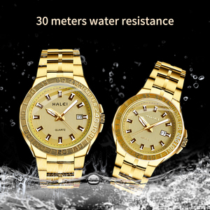 Livraison directe HALEI Nouvelle montre à quartz, bracelet en acier inoxydable noir et or, affichage analogique de la date, étanche 3BAR, mouvement japonais - Product Image 5