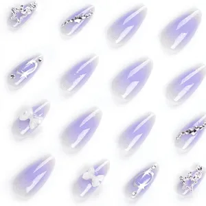 <span class=keywords><strong>Faux</strong></span> ongles Y2K amande mi-longs à rayures argentées, à presser, avec décoration étoiles et diamants, pointes violettes pour doigts - Product Image 5