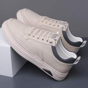 Men's <b>White</b> Sneakers Leather Low <b>Heel</b> Breathable Casual Walking Shoes - Product Image 2