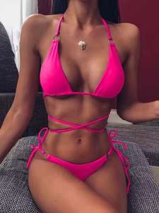 Traje de Baño Bikini Sexy de Dos Piezas, Color Sólido, Multicolor, Estilo Nuevo, Triangular, de Secado Rápido, Spandex/Poliéster - Product Image 6