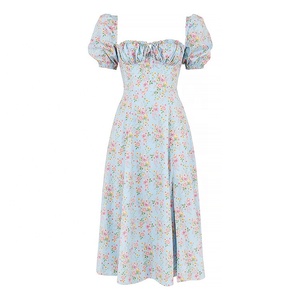 Manni phồng tay áo Tie Bustier Ruched Cổ Vuông Hoa Đầm Slit Causal Midi Dresses - Product Image 2