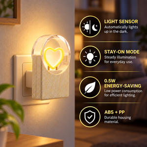 Veilleuse LED à brancher en forme de cœur, motif grain de bois, 0,5W, économie d'énergie, mode veille continue, pour chambre, salle de bain, couloir - Product Image 4