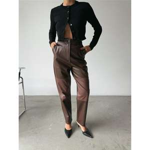Pantalon en cuir PU marron taille haute coupe droite anti-boulochage pour femme - Product Image 3