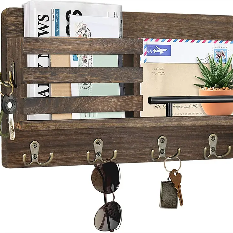 קיר מדפי עץ דואר סדרן 4 כפול ווי דקורטיבי מפתח דואר מחזיק עץ מפתח ארגונית מדף קיר מדף