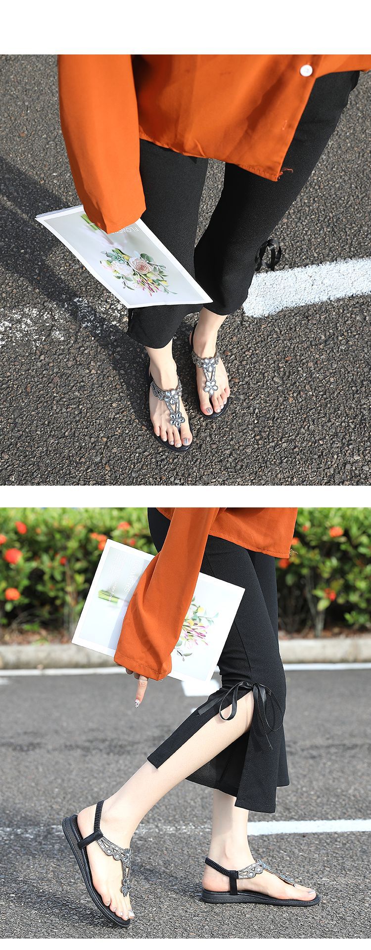 Large Size Rhinestone Sandals Femme Korean Flat Heel Hollowed Bohemian Women Shoes