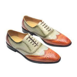 Italian-style genuine leather men's formal shoes in brown with green accents, square <b>toe</b>, lace-up design, suitable for wedding e - Product Image 5