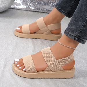 Sandales d'été pour femmes, mode transfrontalière, style romain, semelle en EVA, tongs plates à plateforme, bande élastique pour la tête, tissu - Product Image 3