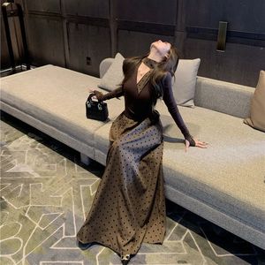 Women's Two Piece Set Dark Brown Long Sleeve Top Polka Dot Skirt Splicing Design Daily Dating Outdoor Wear - Product Image 4