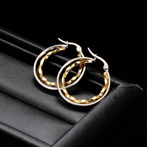 Hoop Earrings <b>28mm</b> Two-Tone Steel Gold Plated Stainless Steel Women's Fashion Jewelry Gift - Product Image 3