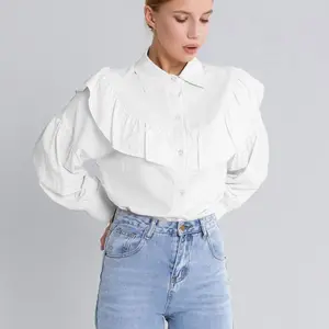 RedPeony Female 2024 Spring Summer Frill Shirt Long Sleeve Solid Cotton Casual Tops Big Peter Pan Collar Ruffle Womens Blouse