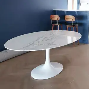 现代郁金香餐桌定制大理石和白钢底座圆形和椭圆形餐桌，适合6或8个座位